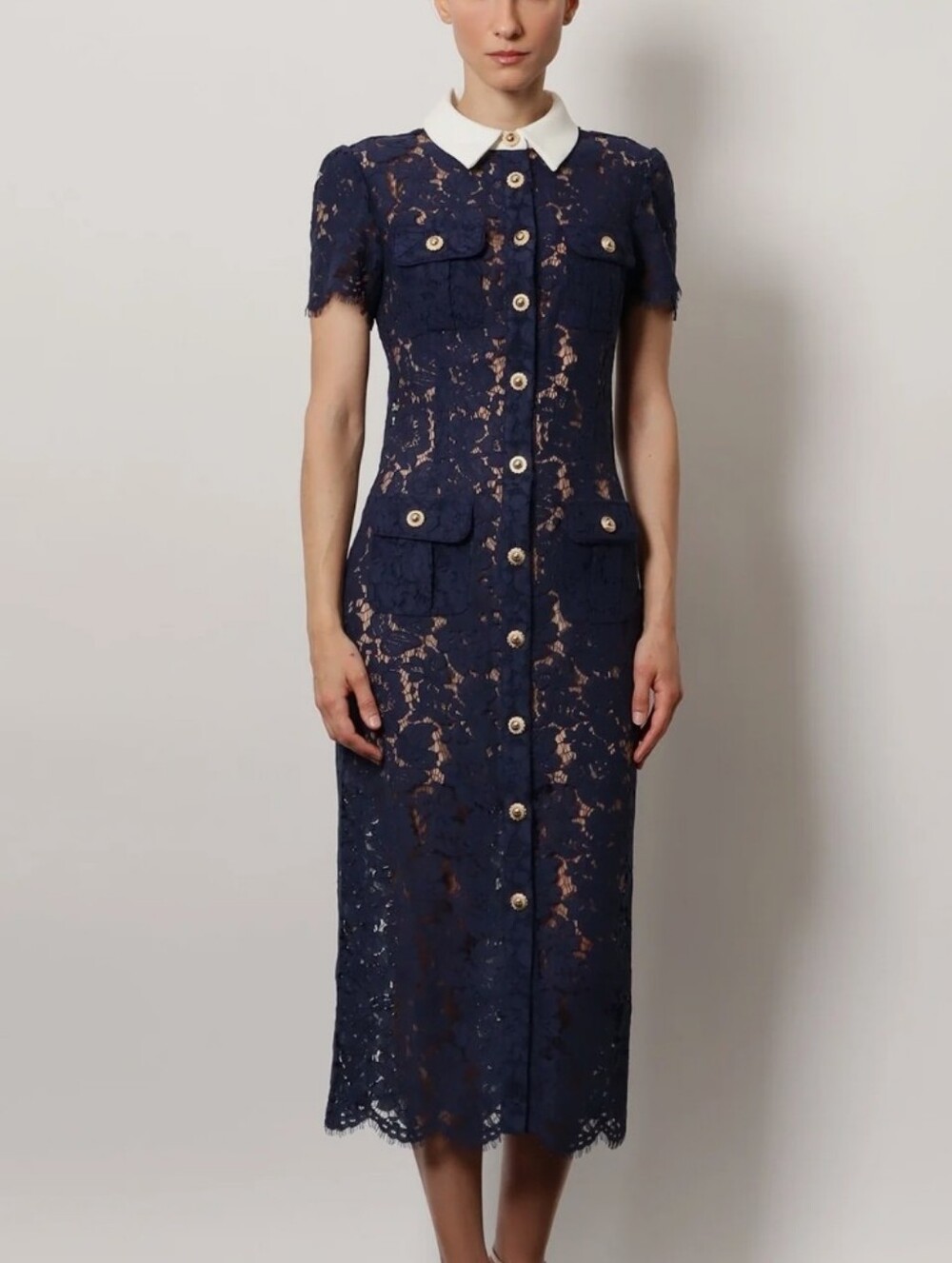 Self-portrait Navy Lace Short Sleeve Midi Dress Size US 8